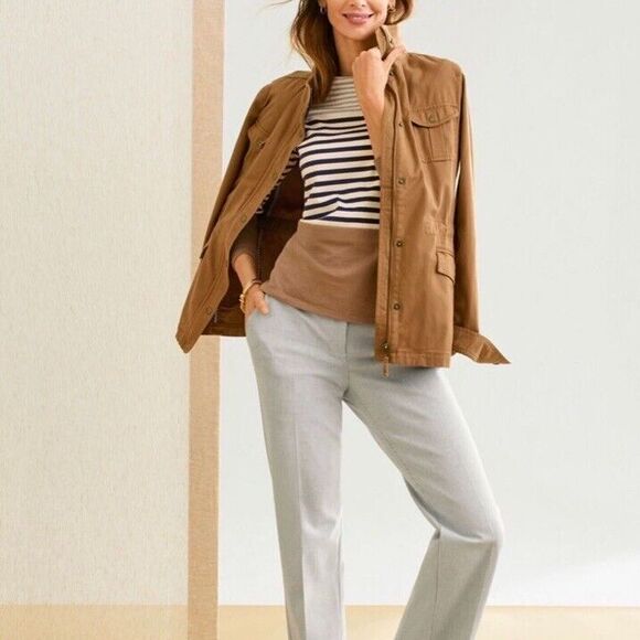 Talbots Sweater Women XL Tan Camel Gray Black Striped Pullover NWT Soft - Picture 1 of 2